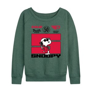 Women's - Peanuts - Racer Snoopy Lightweight French Terry Wide Neck Long Sleeve Shirt - 1 of 4