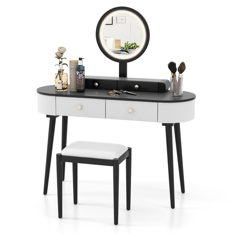 Costway Solid Wood Makeup Vanity Desk Set with LED Lighted Mirror Drawers Cushioned Stool White + Brown/Black + Brown/White + Black/White + Natural, 2 of 11