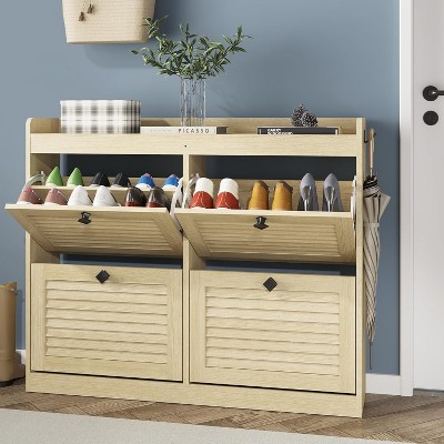 4-Drawer Shoe Storage Cabinet - Narrow Freestanding Organizer w/Wooden Legs for Hallway, Bedroom, Living Room