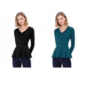 Allegra K Women's Slim Fit V-Neck Long Sleeve Ribbed Knitted Peplum Top 2 Packs - 1 of 4