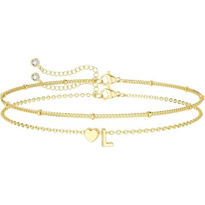 Dainty Initial Heart Gold Bracelets for Women Trendy, 14K Real Gold Letter Charm Bracelet Jewelry