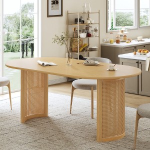 PexFix 67" Oval Dining Table for 4-6 with Arc-Shaped Edge Top and Rattan Woven Base Modern Farmhouse Kitchen Table for Living Room Dining Room Natural - 1 of 4