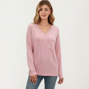 Anna-Kaci Women's V-Neck Long Sleeve Knit Top with Chest Pocket and Relaxed Fit - 1 of 4