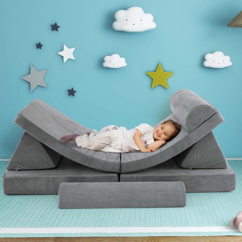 Costway 8 PCS Kids Play Sofa Set Modular Convertible Foam Folding Couch Toddler Playset Blue/Grey/Green, 4 of 11