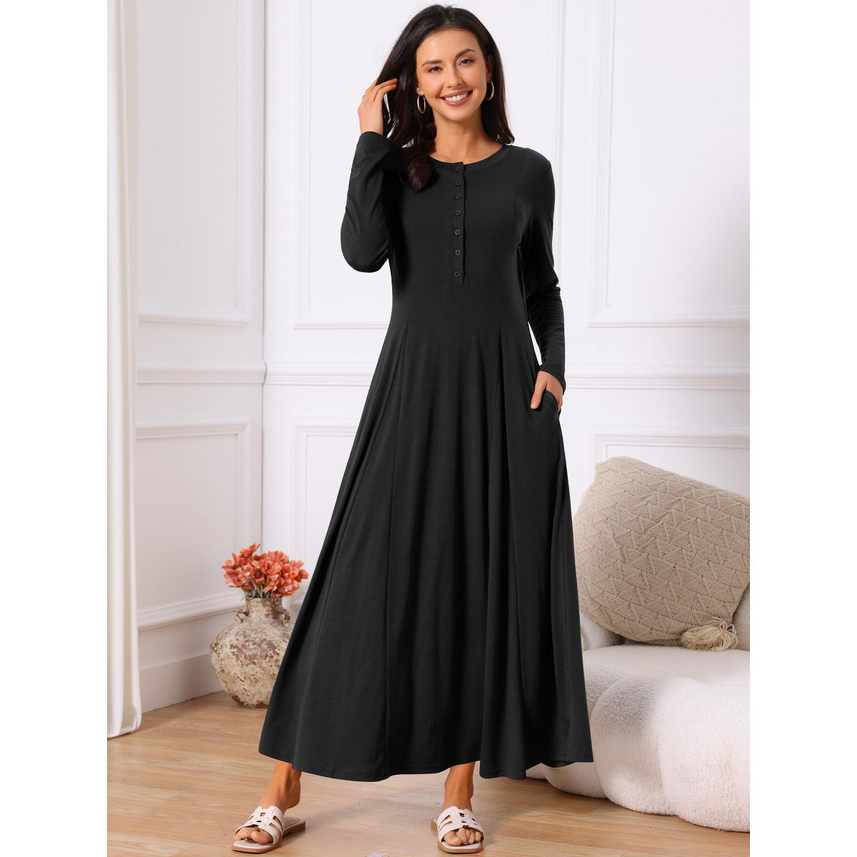 Женские платья INSPIRE CHIC Women's Fall Long Button Down Long Sleeve Flowy A-Line Maxi Dress with Pockets Black Small 2 Packs Black/Deep Blue X-Large — фото 3