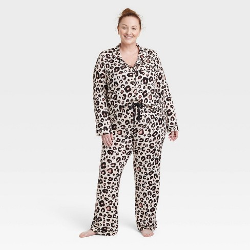 Women's Leopard Print Beautifully Soft Long Sleeve Notch Collar Top and  Pants Pajama Set - Stars Above™ Light Beige 3X