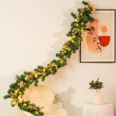MOEPISY 6 Feet Lighted Christmas Garland with 20 Fairy Lights, Golden Baubles, Berries, Poinsettia, Spruce Branches, Pine Needles
