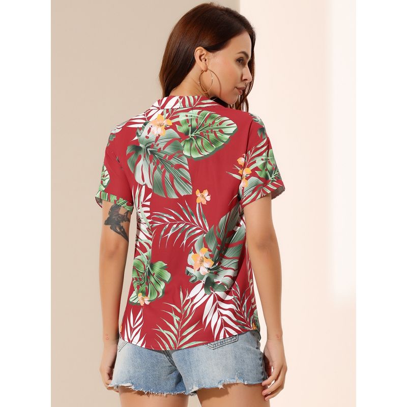Allegra K Women's Hawaiian Floral Leaves Printed Short Sleeve Button Down Vintage Shirt, 6 of 8