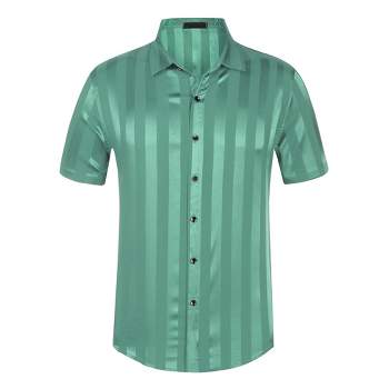 Lars Amadeus Men's Striped Point Collar Button Down Short Sleeve Dress Satin Shirts