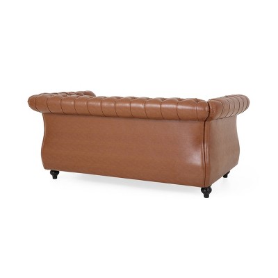 Cognac Brown Faux Leather Chesterfield Loveseat with Nailhead Trim
