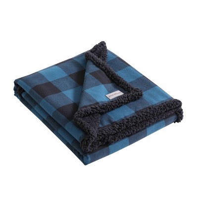 Blue and Black Plaid Reversible Fleece Pillow and Throw Set