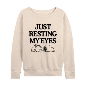 Women's - Peanuts - Snoopy Just Resting My Eyes Lightweight French Terry Wide Neck Long Sleeve Shirt - 1 of 4