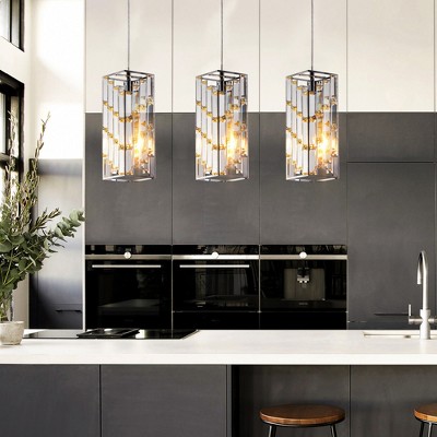 DOMETOUR 4' Crystal Pendant Light 3-Pack, Adjustable Hanging Lamp for Dining Room, Kitchen, Living Room - Chrome Finish