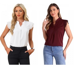 INSPIRE CHIC Women's V Neck Ruffle Cap Sleeves Solid Elegant Shirt 2 Packs - 1 of 4