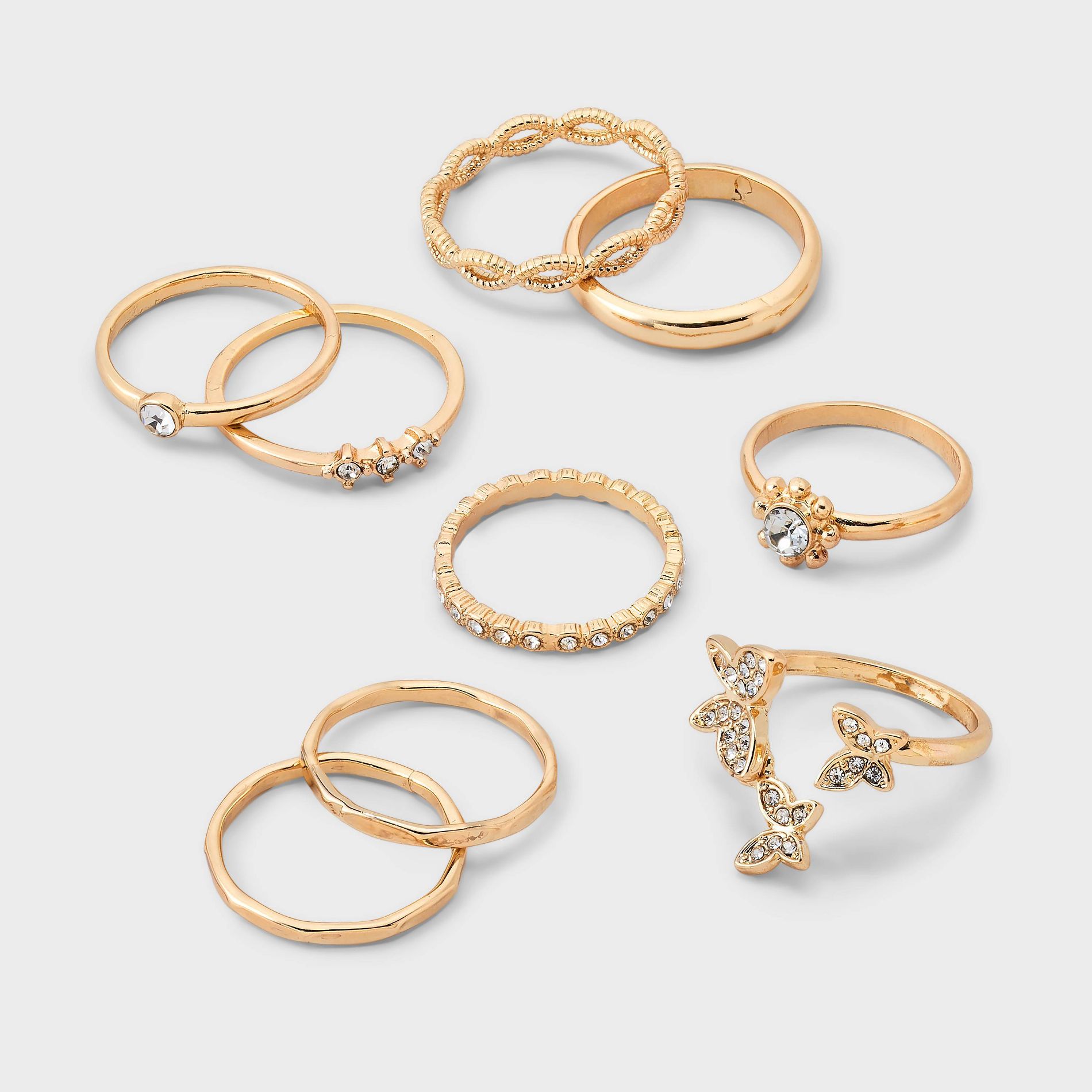 Crystal Floating Butterfly Ring Set 8pc- Wild Fable™ Gold: Stacking Rings, Recycled Zinc, Sizes 6-8