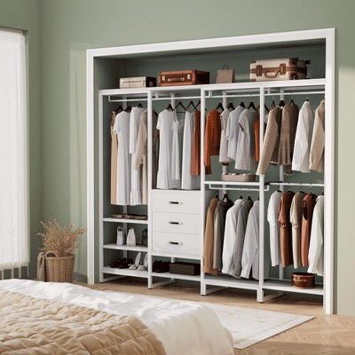 Aheaplus 74''W Large Closet Storage Organizer with Wood Drawers, L-Shaped Corner Heavy Duty Garment Rack with Shelve and Hanging Rods