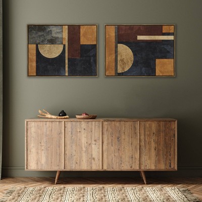Jeweled Geo Multi-Color Abstract Canvas Wall Art Set with Walnut Frame