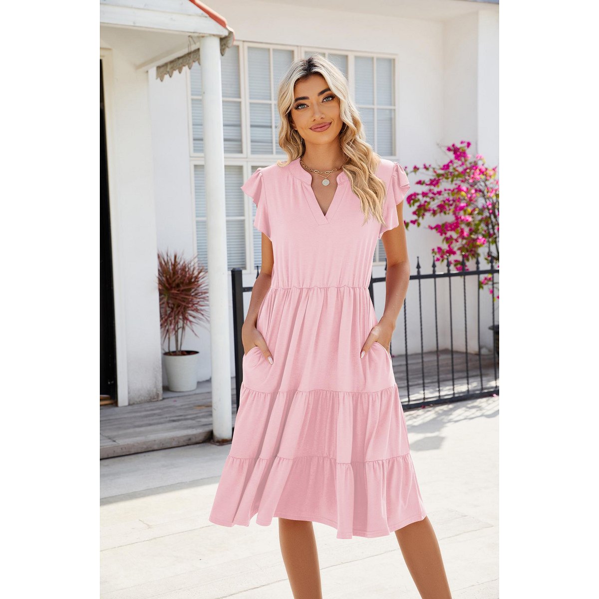 Женские платья EadianDree Womens Summer Dresses Short Flutter Sleeve V Neck Smocked High Waist Ruffle Tiered A Line Midi Sun Dress,Pink - Medium — фото 3