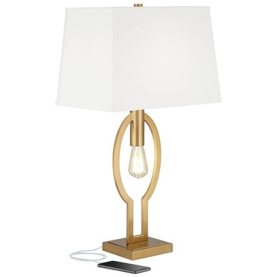 Possini Euro Design Modern Glam Table Lamp with USB Charging Port and Nightlight LED 29" Tall Brass White Shade Living Room Bedroom House