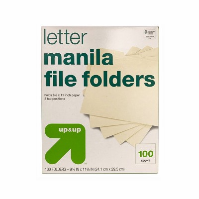 100ct Manila File Folders - up&up™: Letter Size, Top Tab, 12 Sheet Capacity, Brown, 9.5" x 11.625", 1 Pocket