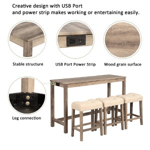 FONTOI 4-Piece Bar Table Set with Built-in Power Outlet, USB and Type-C Ports Featuring 3 Padded Stools for Modern Home, Brown, 59"*20"*35.5" - 1 of 4
