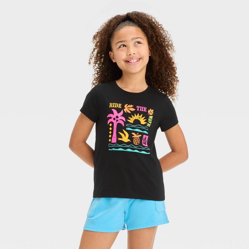 Girls&#39; Short Sleeve &#39;Ride The Wave&#39; Graphic T-Shirt - Cat &#38; Jack&#8482; Black, 1 of 5