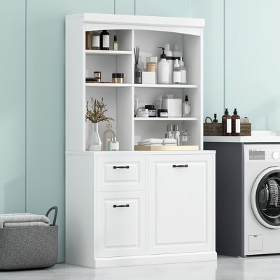 NicBex Bathroom Floor Cabinet with Tilt-Out Hamper,70.9" Tall Freestanding Storage Cabinet with Drawers,MDF Linen Tower with Steel Handles,White