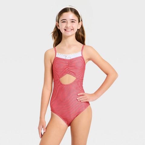 Art Class Girls' Mini Gingham One Piece Swimsuit - art Class™ Red XL