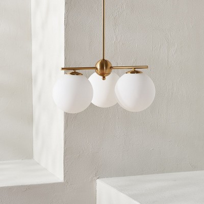 Cantrys Mid-Century Modern Gold and White Glass Orb Chandelier