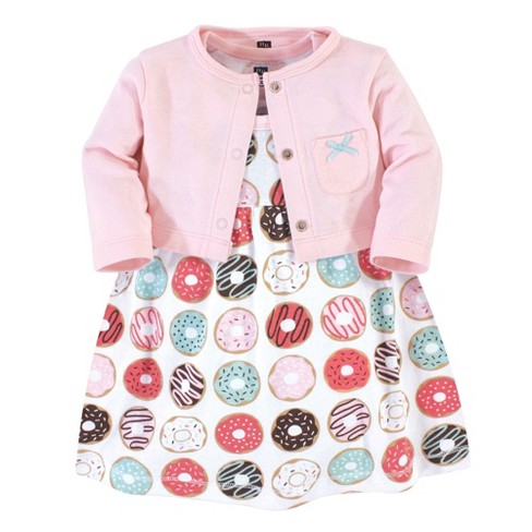 Hudson Baby Infant and Toddler Girl Cotton Dress and Cardigan 2pc Set, Donuts - image 1 of 4