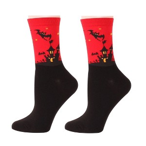 Red Bats and Ghost Over a Haunted House Socks from the Sock Panda - Great for Halloween (Women's Sizes Adult Medium) - 1 of 4