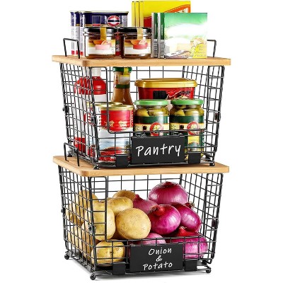 Paaaawaters 2 Set XXL Stackable Wire Basket with Bamboo Tops & Tag- Pantry Organizer and Storage Bins
