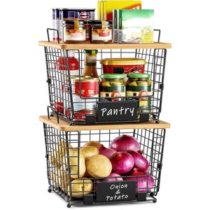 Paaaawaters 2 Set XXL Stackable Wire Basket with Bamboo Tops & Tag- Pantry Organizer and Storage Bins - 1 of 4