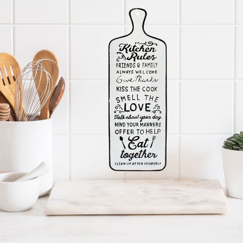 AuldHome Design White Kitchen Rules Rustic Metal Sign; Farmhouse Enamelware Cutting Board Shaped Plaque, 5 of 9