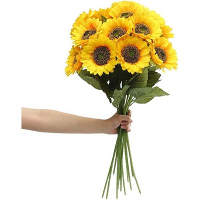Attop Artificial Sunflower Flowers Long Stem Silk Fake Large Sunflowers Decoration for Outdoor Home Yellow Decor 6PCS