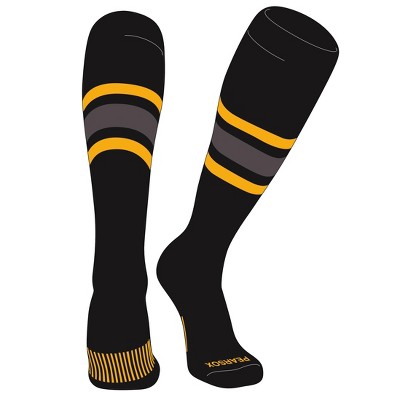 PEAR SOX Striped OTC Baseball, Softball, Football Socks (B) Black, Gold, Graphite (L)