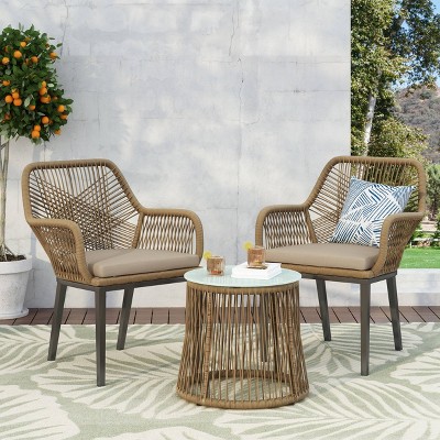 Russel 3pc Outdoor Wicker 2 Seater Chat Set with Glass Tabletop