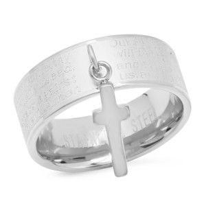 Steeltime Ladies stainless steel Our Father english prayer band ring with cross charm - 1 of 4