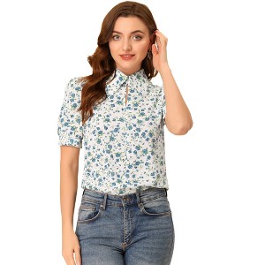 Allegra K Women's Vintage Floral Turnover Collar Split Neck Puff Short Sleeve Chiffon Blouse - 1 of 4