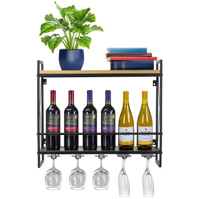 Elegant 2-Tier Black Melamine & Steel Wine Rack with Glass Holder