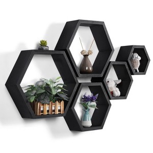 Oumilen Black Wall Mounted Hexagon Floating Shelves, 5 Sizes - 1 of 1