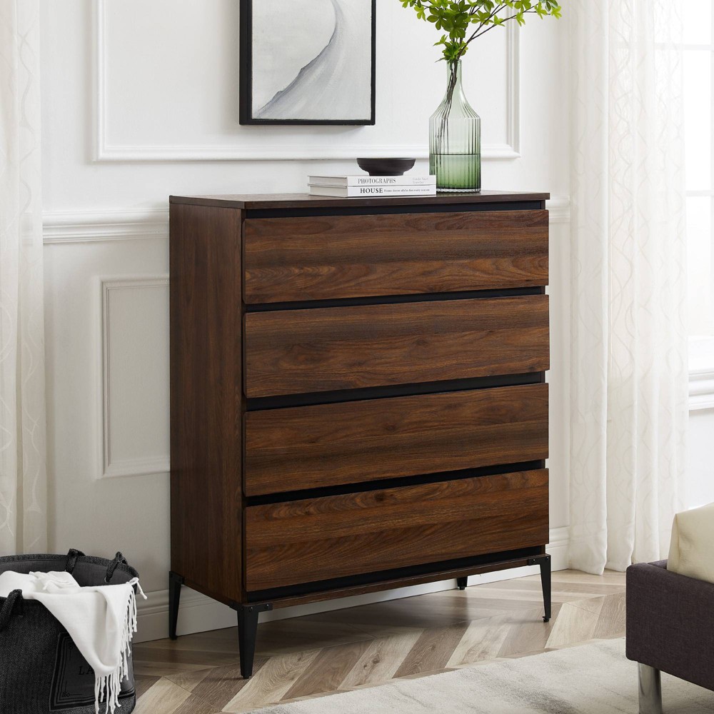 Photos - Dresser / Chests of Drawers Theo Urban Modern Plank 4 Drawer Dresser Dark Walnut - Saracina Home