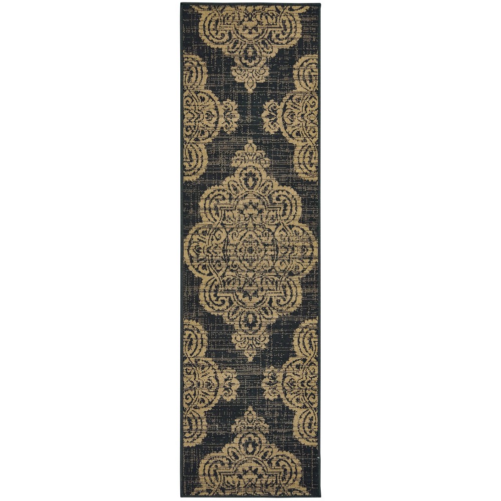2'3inx7'6in Madeline Overscale Medallion Patio Rug Black/Tan