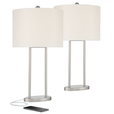 360 Lighting Modern Table Lamps Set of 2 with USB Charging Port Brushed Nickel White Drum Shade for Living Room Bedroom Bedside