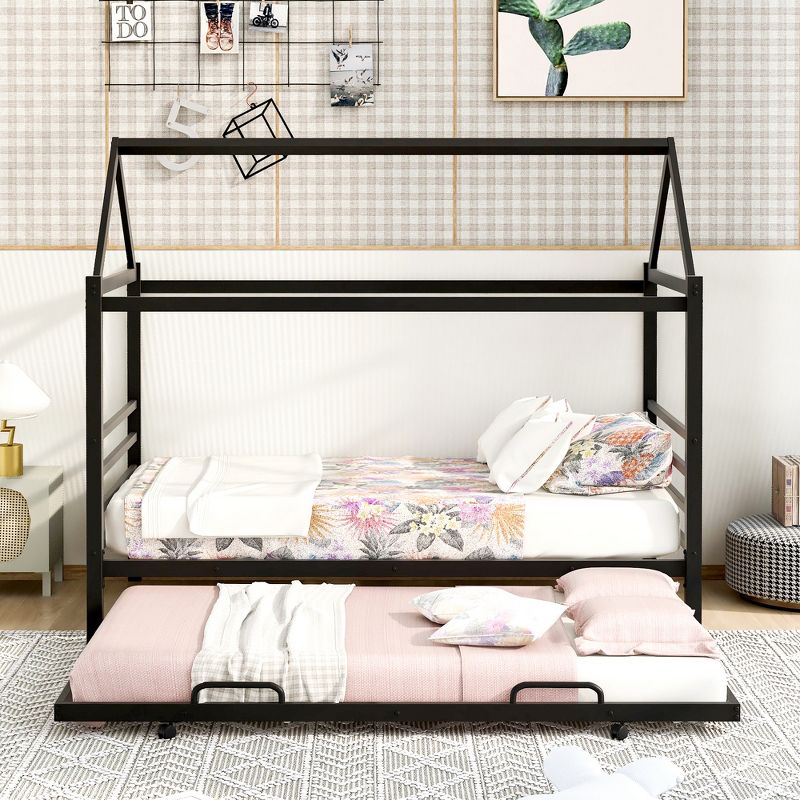 Twin Size Metal House Shape Platform Bed with Trundle Bed-ModernLuxe, 2 of 11