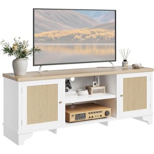 Rattan TV Stand Fits TVs Up to 70 Inches, Boho Entertainment Center with 2 Cabinets , Wooden Media Console Table for Living Room - 1 of 4