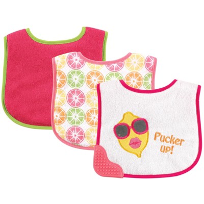 Luvable Friends Baby Girl Feeder Bibs with Teether 3pk, Pink Lemon, One Size