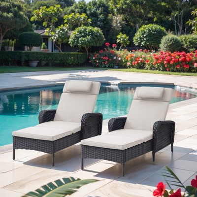 Buenhomino Outdoor Chaise Lounge Chairs Set, Set of 2 Wicker Patio Reclining Chairs with Adjustable Backrest and Cushion, Rattan Lounger for Pool