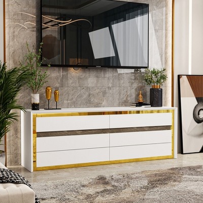 FUFU&GAGA White six-drawer dresser storage cabinet Gold inlaid marble texture Light luxury style