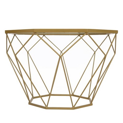 Malibu 22" Gold Octagon Glass Coffee Table with Geometric Metal Base